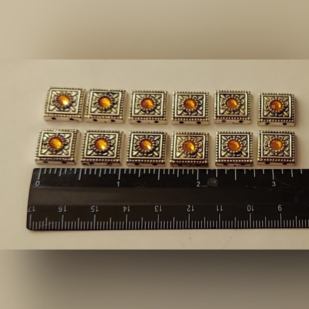 12 Double Hole Silvertone Slider Beads Swarovski Crystals 15mm Amber Gold New